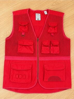 Vintage Bugle Boy Utility Fishing Vest XL Red Mesh Ramie Cotton 90s